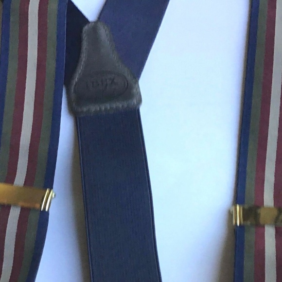 IBEX suspenders braces, Burgundy,gray & navy stripe fabric, brass tabs England - Picture 2 of 6